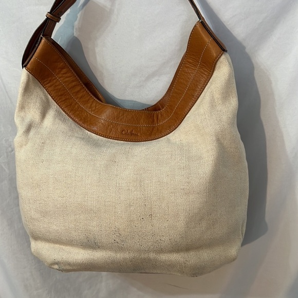 Cole Haan Vintage Stylish Tan Leather Cream Canvas Women's Bag Satchel Weekender - Picture 5 of 7